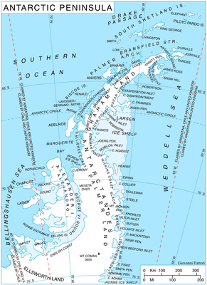 Антарктичко полуострво (Палмерова земља се налази у средини)