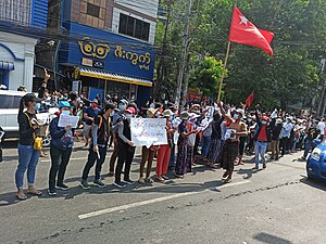 Группа протестующих осуждает Мин Аун Хлайна и размахивает флагом НЛД