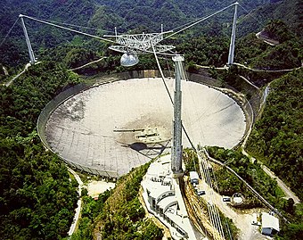 Arecibo Telescope in Puerto Rico with its 300 m (980 ft) dish was one of the world's largest filled-aperture (i.e. full dish) radio telescope and conducted some SETI searches.