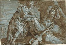 Federskizze auf blauem Papier von Apollo, der Marsyas fesselt