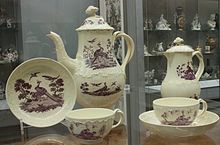 A transfer-printed Wedgwood tea and coffee service. c. 1775, Staffordshire, Victoria & Albert Museum BLW Tea and coffee service, Staffordshire.jpg