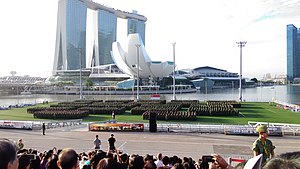 A passing out parade at the Marina Bay Floating Platform in 2015 for national servicemen who have completed their Basic Military Training BMT passing out parade 100115.jpg