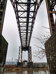 The bridge with signs of disrepair Bank Quay Transporter Bridge.jpg