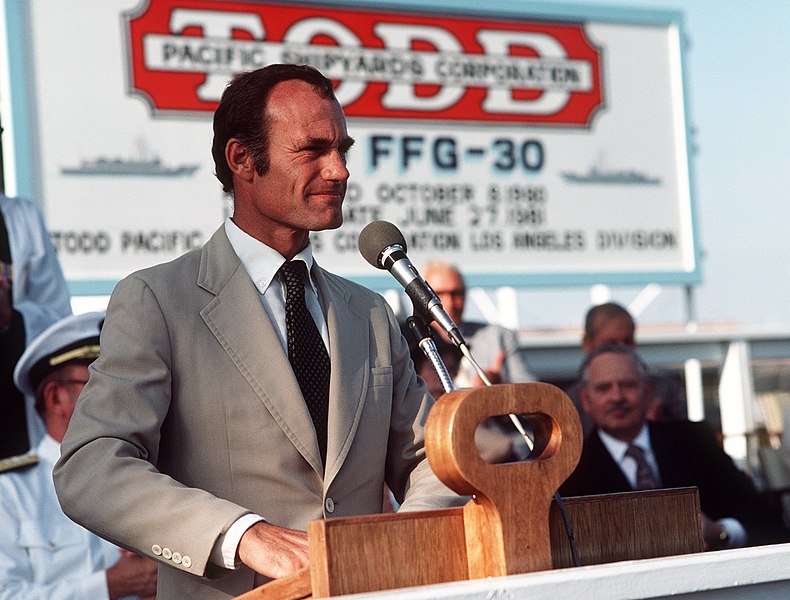 File:Barry Goldwater Jr. speaks during christening and launching ceremonies for the guided missile frigate USS REID (FFG 30) at the Todd Pacific Shipyards Corp.jpg