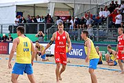 Deutsch: Beachhandball Europameisterschaften 2019 (Beach handball Euro); Tag 3: 4. Juli 2019 – Männer, Hauptrunde Gruppe II, Polen-Ukraine 2:0 (24:13, 23:22) English: Beach handball Euro; Day 3: 4 July 2019 – Men Main Round Group II – Poland-Ukraine 2:0 (24:13, 23:22)
