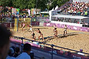 Deutsch: Beachhandball bei den Olympischen Jugendspielen 2018; Tag 3, 9. Oktober 2018; Jungs, Vorrunde, Gruppe B - Argentinien-Hongkong 2:0 English: Beach handball at the 2018 Summer Youth Olympics at 9 October 2018 – Girls Preliminary Round Group B – Argentina-Hing Kong 2:0