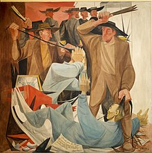 Anton Refregier's Beating the Chinese mural in San Francisco's Rincon Center depicts the ethnic violence in the San Francisco riot of 1877 Beating the Chinese 20872v.jpg