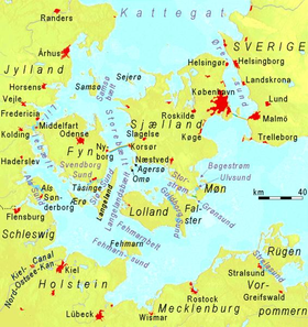 Položaj tjesnaca na zemljovidu Danske