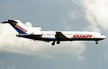 A Boeing 727-200 operated by the airline, approaching Orlando International Airport in 1989 Boeing 727-227-Adv, Braniff AN0200756.jpg