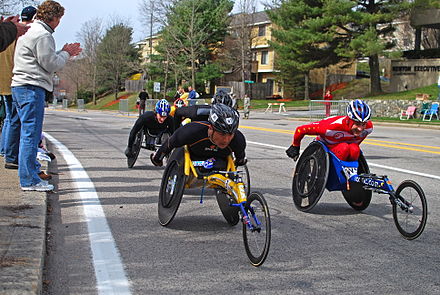 A pack of Wheelchair Division participants in the 2009 Boston Marathon