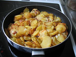 German fries Thinly sliced raw or cooked potatoes fried in fat