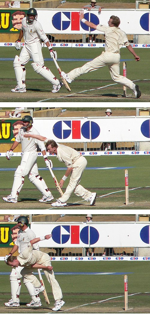 Australian fast bowler Brett Lee in action in 2005.