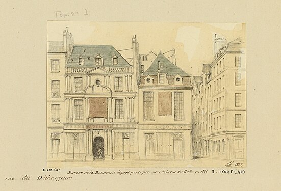 Le bureau de la Bonneterie en 1866, où l'on voit que la façade a perdu ses sculptures.