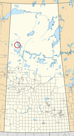 A map of the province of Saskatchewan showing 297 rural municipalities and hundreds of small Indian reserves. One is highlighted with a red circle.