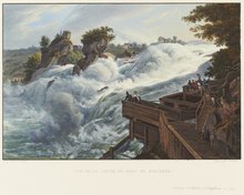 Gros plan sur les chutes du Rhin depuis la rive gauche.  1836 Johann Ludwig Bleuler