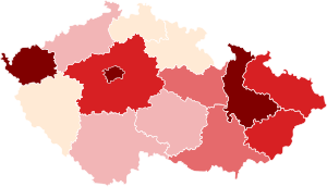 Počet potvrzených případů v přepočtu na 100 000 obyvatel:      1,4–2,8 případů      2,9–3,5 případů      3,6–6,4 případů      6,5–9,2 případů