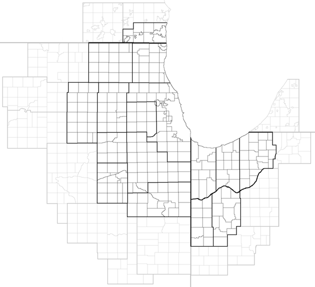 The extent of the 16-county Chicago CSA (in black) and the 16 counties that share a border with the Chicago CSA (in gray), with counties divided into Minor Civil Divisions. In Illinois and Indiana, townships are intermediate between counties and municipalities (with the latter lying within townships and crossing township borders), while in Michigan and Wisconsin, townships are a type of municipality.