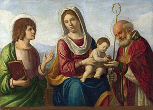 Cima da Conegliano, Vierge à l'enfant entre les saints Jean l'Évangéliste et Nicolas de Bari.JPG