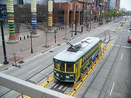 CityLynx Gold Line Birney car laying over at CTC-Arena, viewed from the Lynx light rail station, 2016