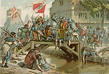Dessin de plusieurs hommes en armure se battent entre eux avec des lances, des gourdins et des boucliers sur un pont en bois au milieu de maisons en pierre.
