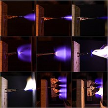 A variety of forms of corona discharge, from various metal objects. Notice, especially in the last two pictures, how the discharge is concentrated at the points on the objects. Corona Discharge Collage.jpg