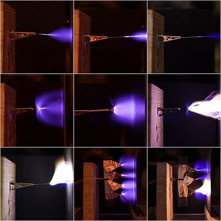 A variety of forms of corona discharge, from various metal objects. Notice, especially in the last two pictures, how the discharge is concentrated at the points on the objects.