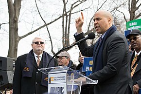 Booker speaks at an American Federation of Government Employees rally in 2018 Cory Booker (39677448294).jpg