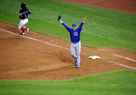 Chicago Cubs first baseman Anthony Rizzo celebrates the final out of Game 7 of the 2016 World Series, after his putout