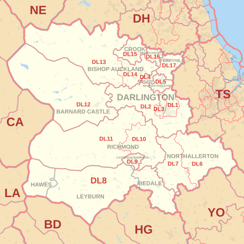 DL postcode area map, showing postcode districts in red and post towns in grey text, with links to nearby BD, CA, DH, HG, LA, NE, TS and YO postcode areas. DL postcode area map.svg