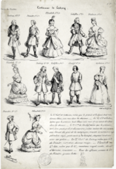 Dessins de planche de costumes par Mélingue pour Lestocq ou L'intrigue et l'amour d’Auber.