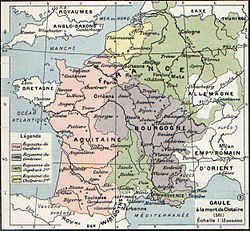 The division of Gaul on Chlothar I's death (561). Though more geographically unified realms were created out of the second fourfold division, the complex division of Provence created many problems for the rulers of Burgundy and Austrasia. Division of Gaul - 561.jpg