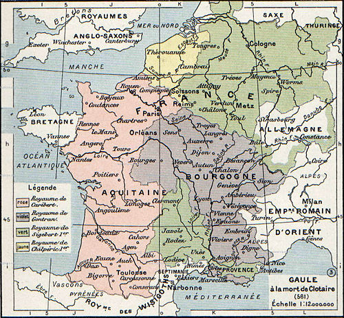 The division of Gaul on Chlothar I's death (561). Though more geographically unified realms were created out of the second fourfold division of Francia, the complex division of Provence created many problems for the rulers of Burgundy and Austrasia.