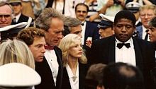 Clint Eastwood with actors Michael Zelniker and Forest Whitaker, and then-partner Sondra Locke, promoting the film at the 1988 Cannes Film Festival. Eastwood Bird Cannes.jpg