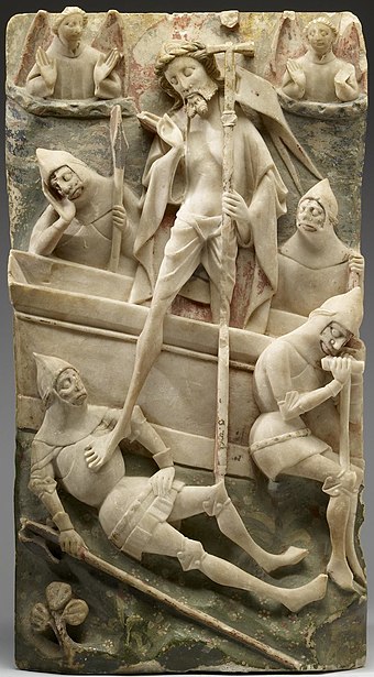 Resurrection of Christ, typical Nottingham alabaster panel from an altarpiece set, 1450–1490, with remains of the paint