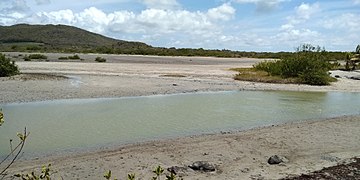 Vue du morne depuis l'étang des Salines.