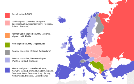 The division of Europe during the Cold War Europe-blocs-49-89x4.svg