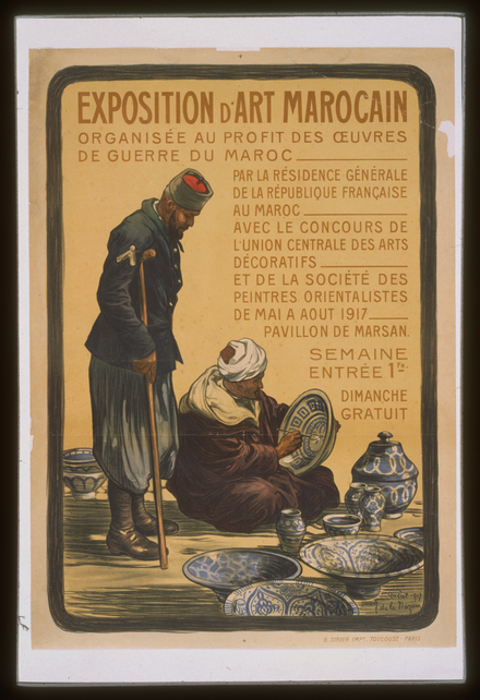 An advertisement for an art exhibition for the benefit of Moroccan troops wounded serving France in WWI. It features an orientalist painting by Joseph de La Nézière.[26]