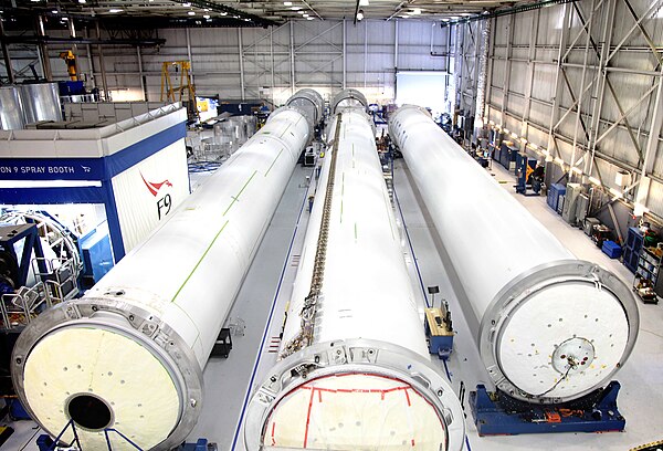 Rocket cores under construction at a SpaceX facility.
