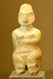 Female figurine found in the Tell es Sawwan (middle Tigris, near Samarra), level 1; circa 6000 BC; alabaster; Louvre