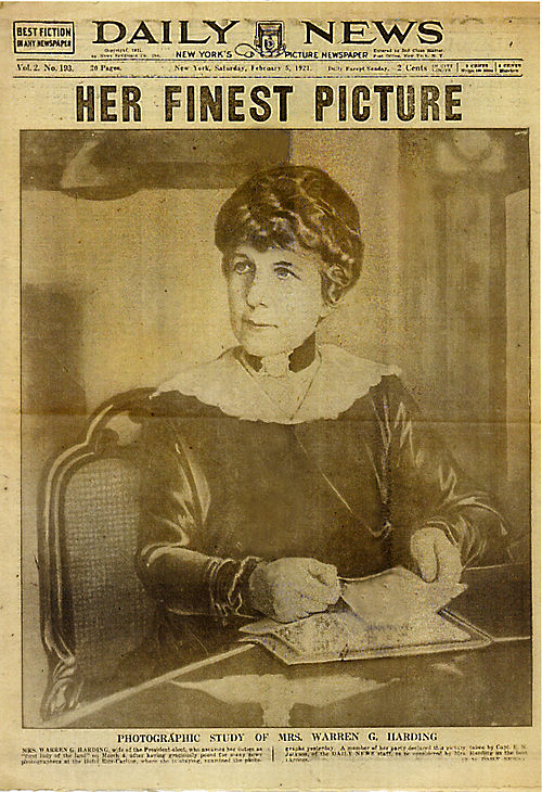 Florence Harding, wife of then President-elect Warren G. Harding, on cover of the Daily News (February 5, 1921, front page)