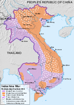 In 1954: orange areas controlled by Viet Minh; purple areas controlled by France; dotted areas contested. First Indochina War map 1954 en.svg