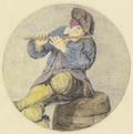 Флейтист, сидящий на бочке. 1689. Бумага, карандаш, акварель. Штеделевский художественный институт, Франкфурт-на-Майне