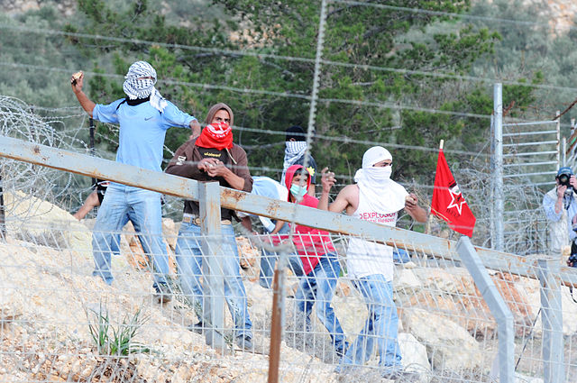 Protesters throwing stones at Bil'in