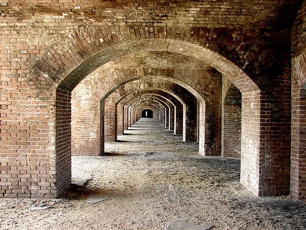 Lower archways of one interior side of Fort Jefferson. Many of the arches were designed by Capt. Daniel P. Woodbury, Superintending Engineer from 1856