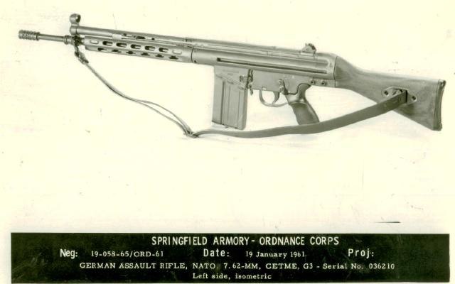 An early-production G3 rifle, Heckler & Koch's first firearm, photographed by the United States Army Ordnance Corps in January 1961