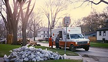 An American Red Cross vehicle distributing food to Grand Forks, North Dakota victims of the 1997 Red River flood GF1997RedCross.jpg