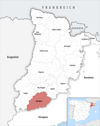 Die Lage der Comarca Garrigues in der Provinz Lleida