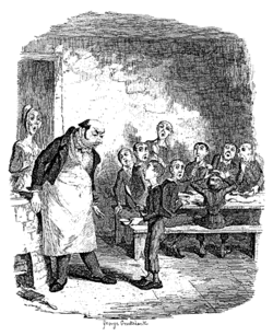 "Please, sir, I want some more." From Oliver Twist, illustration by George Cruikshank. George Cruikshank Oliver Twist.gif