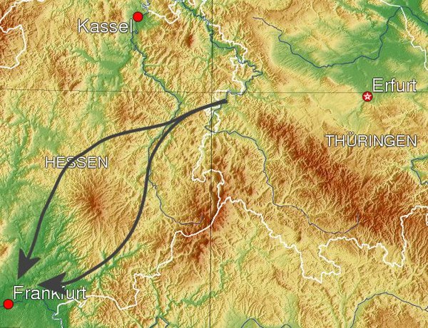 Theoretical attack-routes through the Fulda Gap; the southern one through Fulda, the northern one through Alsfeld. The Vogelsberg Mountains rise betwe