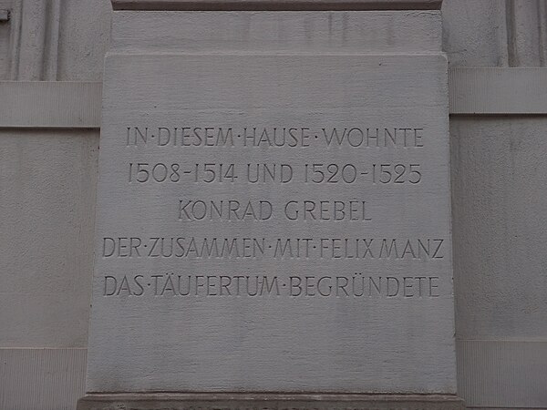 Commemorative plaque for Konrad Grebel in Neumarkt, Zürich